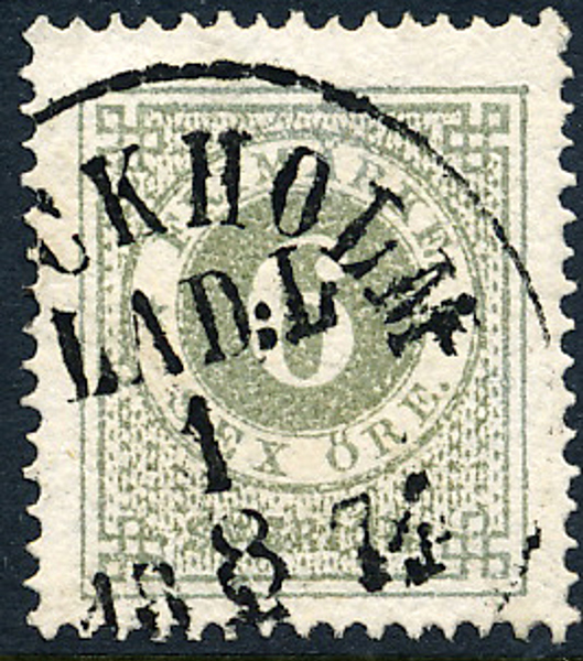 F20g 6 öre olivgrå t.14 STOCKHOLM LAD:L 1.8.1874 