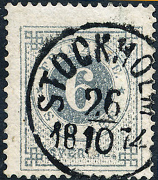 F20h 6 öre blåakt. grå t.14 STOCKHOLM 25.10.1874