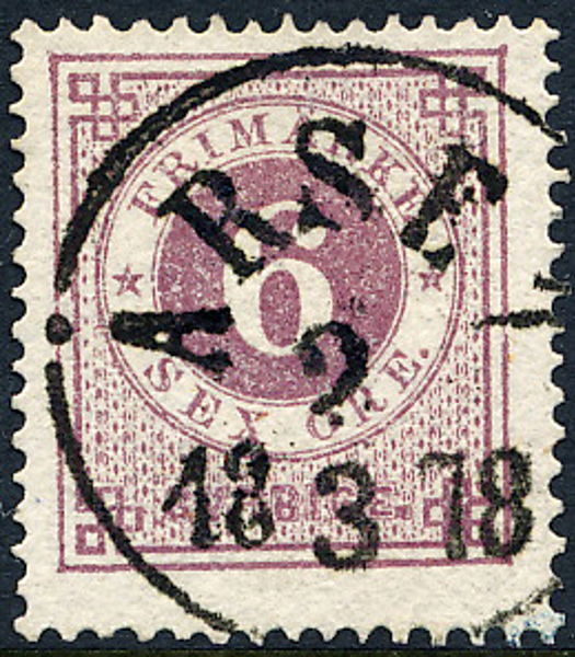 F20k 6 öre rödakt. lila t.14 ÅRSER 2.3.1878