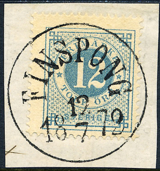 F21a 12 öre mattblå t.14 FINSPONG 12.7.1872 på vackert klipp