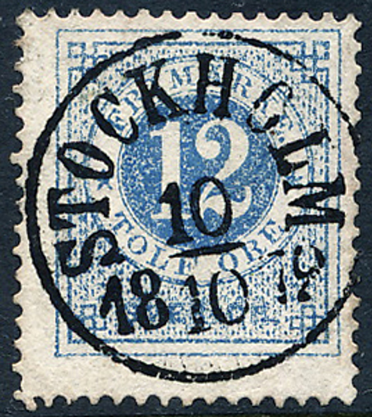 F21c 12 öre matt ultramarint. blå på vanligt papper t.14 STOCKHOLM 10.1O.1872 