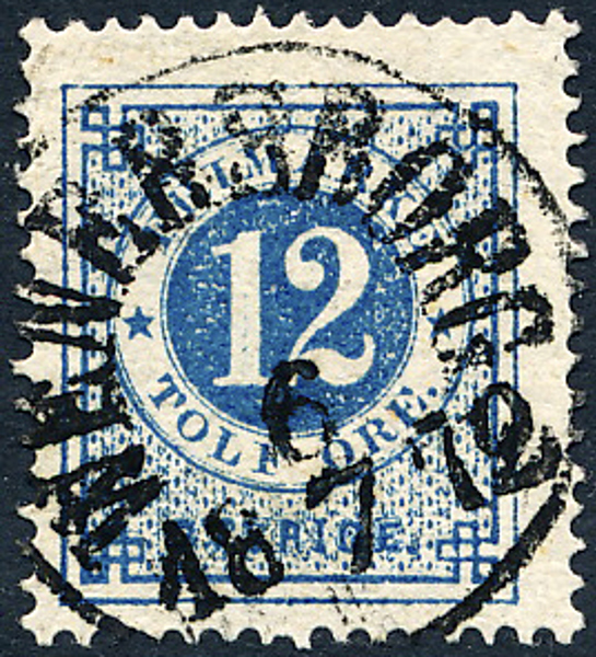 F21d 12 öre ultramarin, gulakt papper t.14 WENERSBORG 6.7.1872. Prakt 