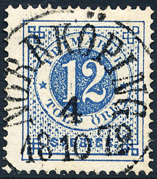  F21d 12 öre ultramarin, gulakt papper t.14 NORRKÖPING 4.10.1872. Praktexemplar