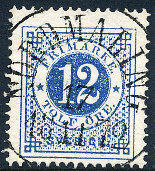 F21e 12 öre ultramarin, vanligt papper t.14 NORDMALING 17.11.1872. Prakt/Lyxexemplar