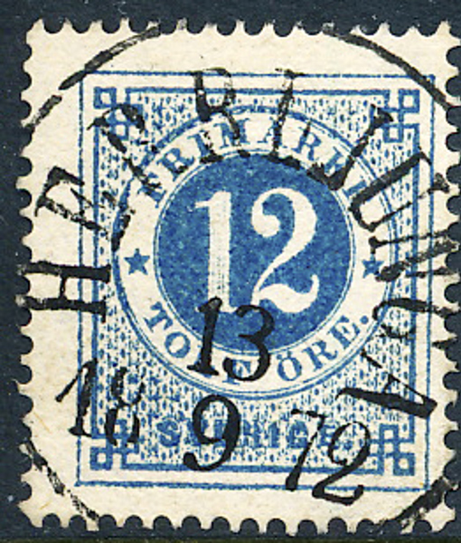 F21f 12 öre grönakt.blå, gulakt papper t.14 HERRLJUNGA 13.9.1872. Prakt