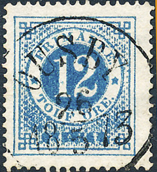 F21g 12 öre grönakt.blå, vanligt papper t.14 OUSBY 26.5.1873