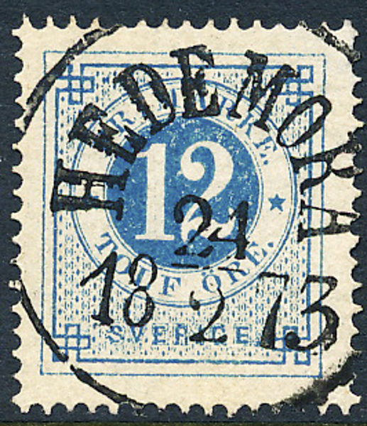 F21h 12 öre klarblå, gulakt papper t.14 HEDEMORA 21.2.1873. Prakt/Lyxexemplar