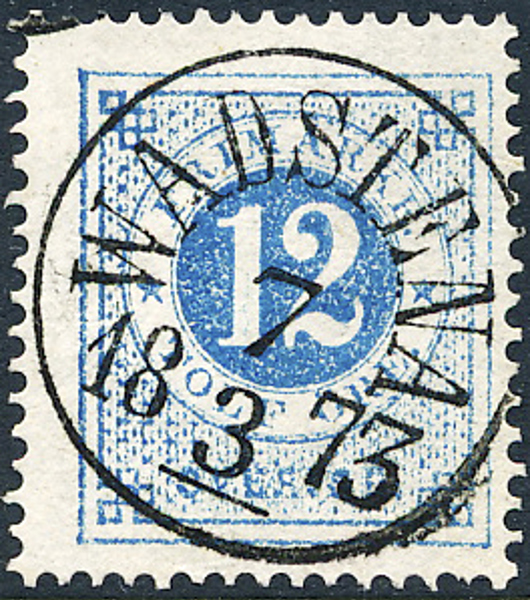 F21i 12 öre klarblå, vanligt papper t.14 WADSTENA 7.3.1873. Praktexemplar