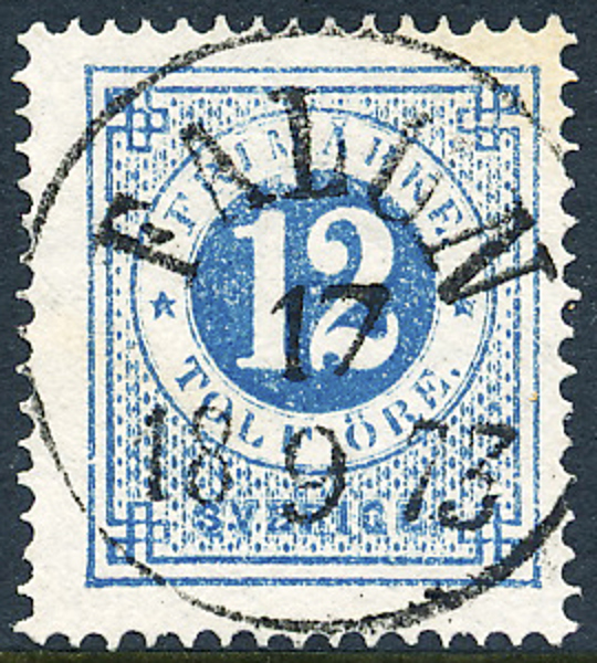 F21k 12 öre blå t.14 FALUN 17.9.1873 Lyxstämpel