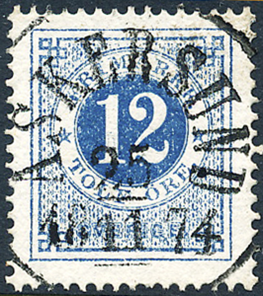 F21m 12 öre blå t.14 ASKERSUND 25.11.1874. Lyxstämpel