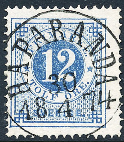 F21m 12 öre blå t.14 HAPARANDA 30.4.1874. Lyxstämpel