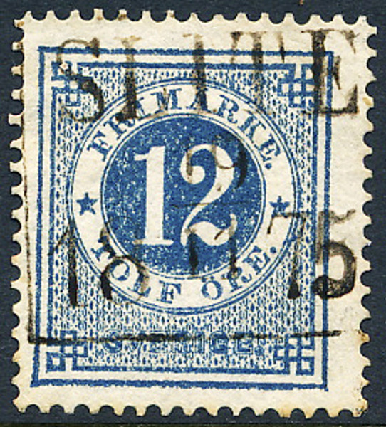 F21n 12 öre mörkblå t.14 SLITE 19.11.1875. Praktstämplat med fyrkantstämpel