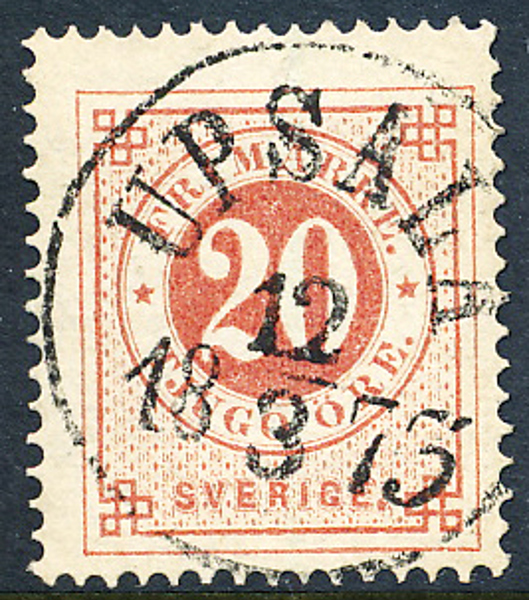  F22a 20 öre brunakt. röd, gulakt. papper t.14 UPSALA 12.3.1873