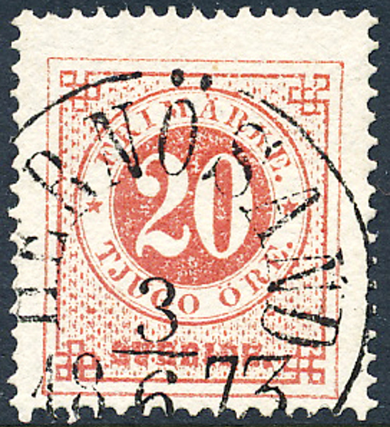 F22b 20 öre brunakt. röd, vanligt papper t.14 HERNÖSAND 25.7.1874