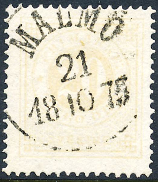 F22f 20 öre blekorange t.14 MALMÖ 21.10.1875 