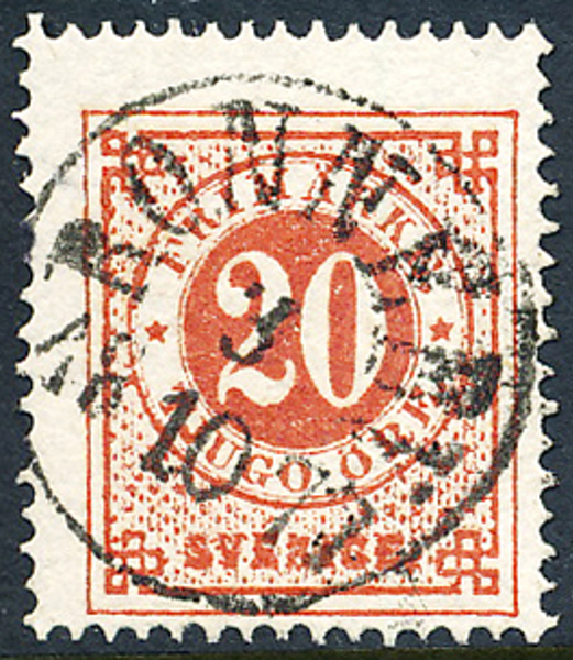 F23a 20 öre på 20 öre tegelröd t.14 RONNEBY 3.10.1877