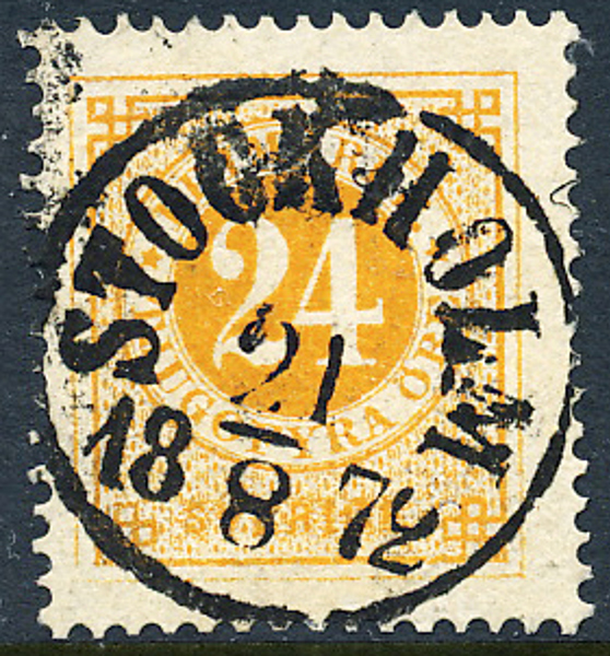 F24a 24 öre orange, gulakt. papper t.14 STOCKHOLM 21.8.1872  Intyg HOW