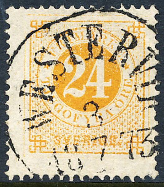 F24b 24 öre gulorange, gulakt. papper t.14 VESTERVIK 3.7.1873