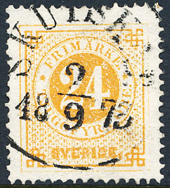 F24d 24 öre gulorange, vanligt papper t.14 SKUTSKÄR 2.9.1873