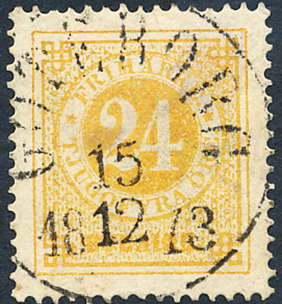 F24e 24 öre orangegul, gulakt. papper t.14 GÖTEBORG 15.12.1873. Praktexemplar