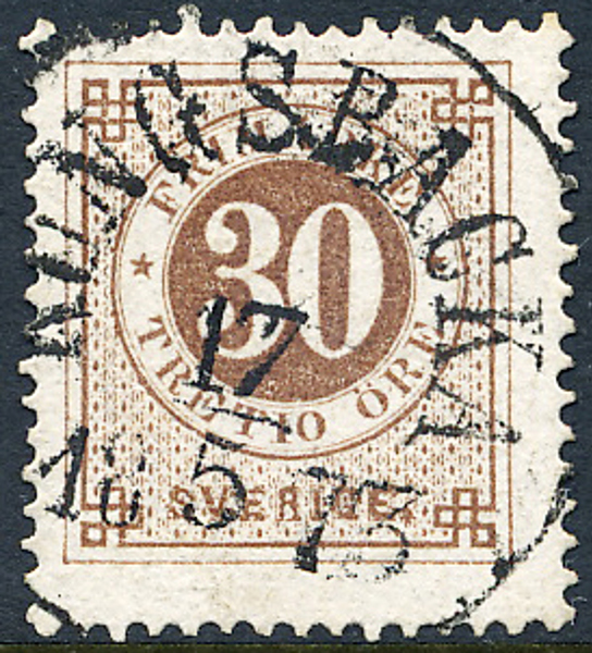 F25d2 30 öre orangeakt.brun t.14 KUNGSBACKA 17.5.1873. Prakt 
