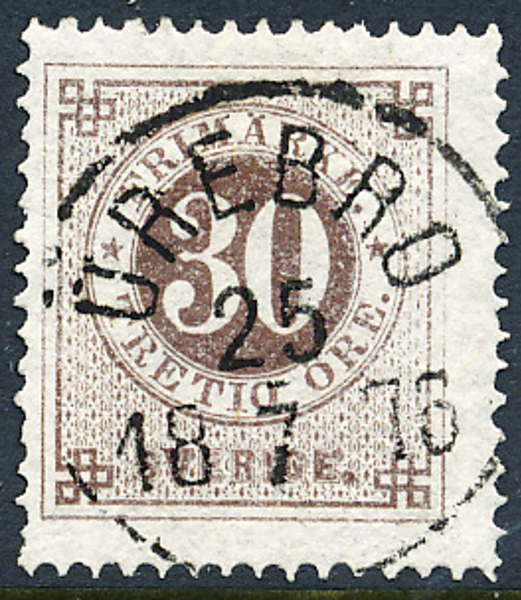 F25i 30 öre gråakt. brun t.14 ÖREBRO 25.7.1876 