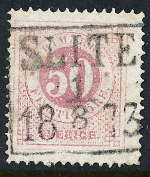 F26c 50 öre mattrosa t.14. SLITE 1.8.1873, hel och tydlig fyrkantstämpel