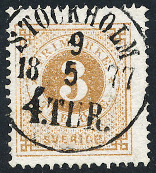 F17h 3 öre olivakt. orangebrun t.14. STOCKHOLM 4 TUR 9.5.1877