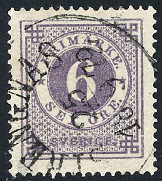 F20a 6 öre brunakt. mörklila t.14. STRENGNÄS 25.9.1872