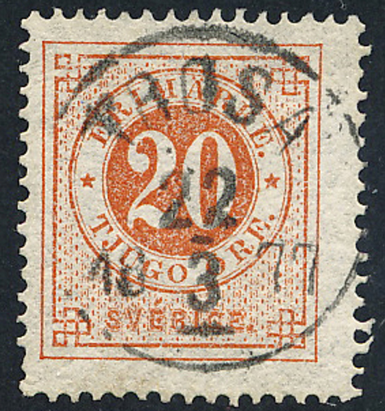 F22h 20 öre matt orangeakt. röd t.14. TROSA 22.3.1877