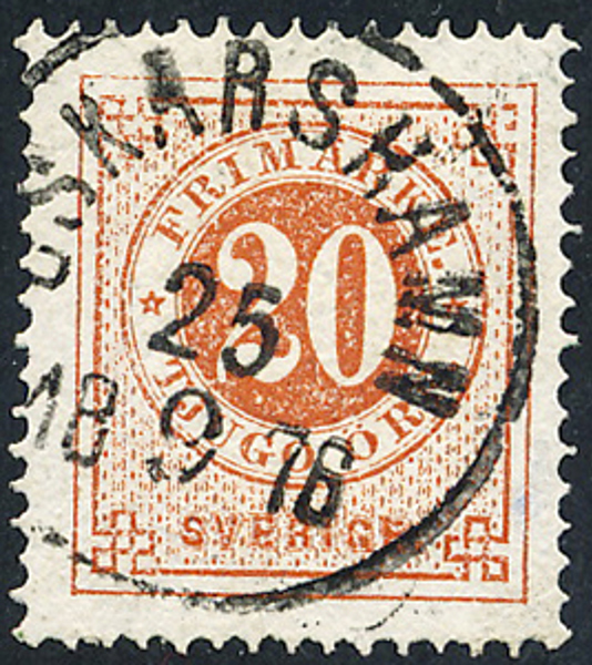 F22h 20 öre matt orangeakt. röd t.14. OSKARSHAMN 25.9.1876