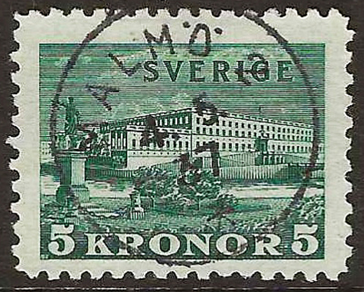 F233 5 kr matt blåakt. grön på tonat papper Slottet I stämplat MALMÖ 2 4.5.37