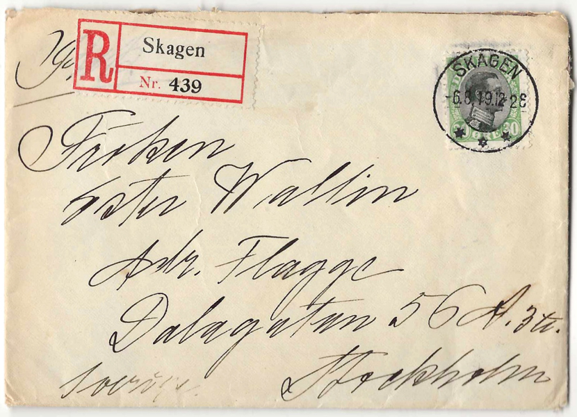 DANMARK. F145 30 öre svart/grön Christian X på Rek-brev till Stockholm med lyxstämpel SKAGEN 6.8.19 12-2 E
