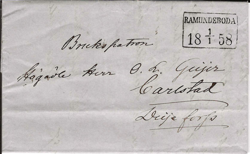 FYRKANTSTÄMPEL RAMUNDEBODA 1.1.1858 sant Nyårsdagen till Dejefors