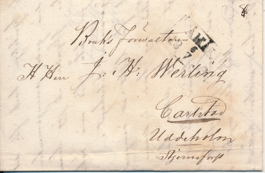 FYRKANTSTÄMPEL  ÅMÅL 6.7.1838 typ 1 sänt till Karlstad