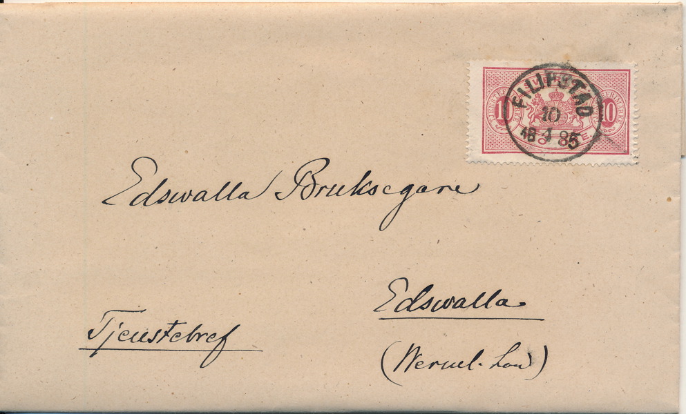 TJ16B 10 öre röd t.13. på vackert tjänstebrev till Edsvalla med lyxstämpel FILIPSTAD 10.1.1885