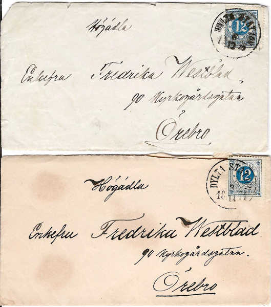 RINGTYP Två brev frankerade med 12 öre blå t 14 sänt till Örebro och båda stämplade DYLTA STATION, 3.11.1874 och 6.12.1874