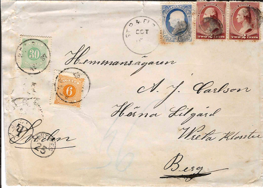 LÖSEN. 30 + 6 öre t.13 som lösen för underfrankerat brev från Amerika 1887