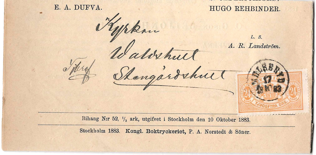 TJÄNSTE. TJ 20b 24 öre orange på kungörelse till kyrkan i Stengårdshult stämplat MULSERYD 17.0.2883