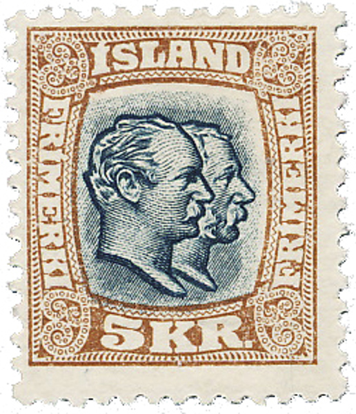 ISLAND. F90 5 kr blågrå/brun Två Kungar i postfriskt vackert exemplar