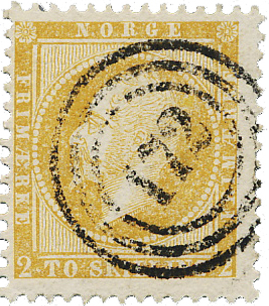 NORGE. F2a 3 2 skilling orangegul vackert stämplat med 3-ring nummerstämpel 172 (Laurvig, typ 2)