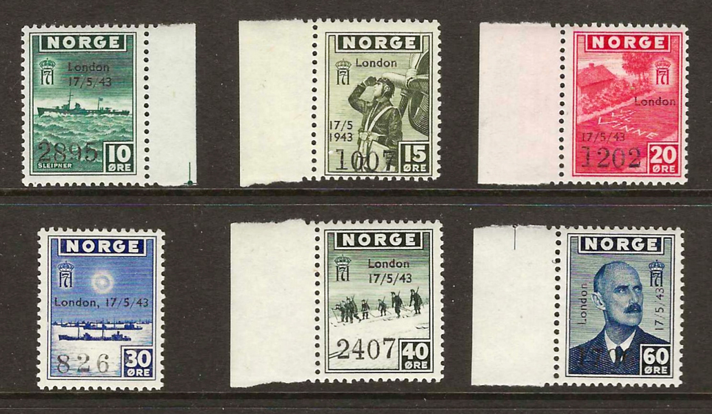 NORGE. F335B - 340B - Londonmärken 10 - 60 öre med påtryck i postfriska exemplar med marginaler utom på 30 öre.