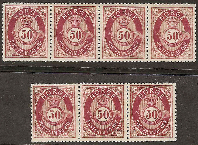 NORGE. F32 Skuggade Posthorn 50 öre karminbrun i postfrisk 4-strip och 3-strip