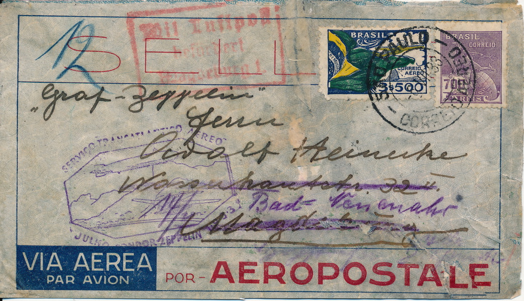 BRASILIEN. Zeppelin-brev till Tyskland 1933
