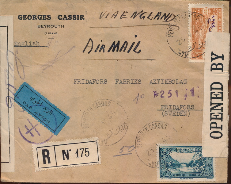 LIBANON. Rek.brev med flyg till Sverige 1945 via England