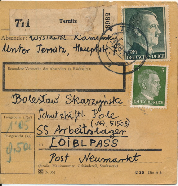 TYSKLAND. Paketkort till arbetsläger SS Arbeitslager LOIBLPASS 1944