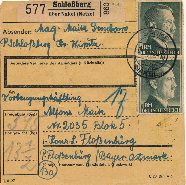 TYSKLAND. Paketkort till arbetsläger K.Z. Lager Flossenburg 1944
