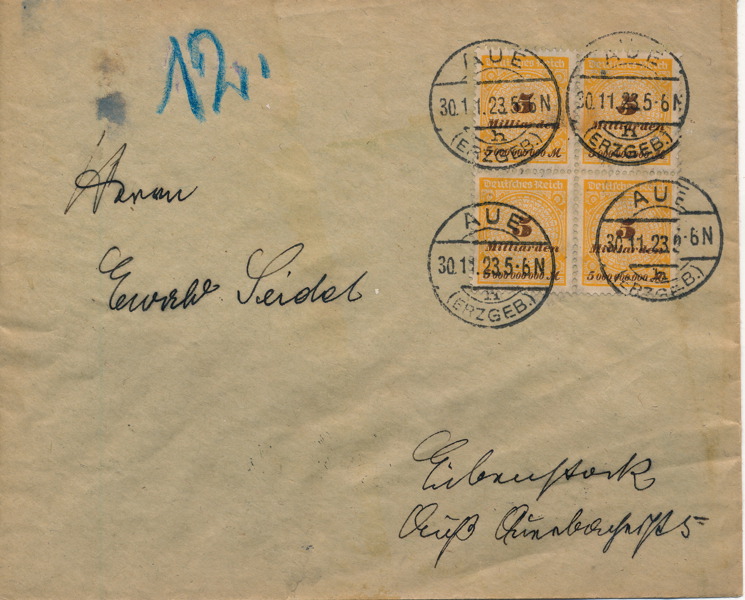 TYSKLAND. Mi 337 sista inflationsmärket) 1923  i fyrblock sänt från AUE 30.11.1923 dagen innan valutareformen trädde i kraft.