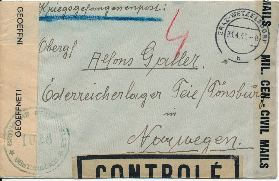 ÖSTERRIKE. Krigsfångepost till Norge 1946