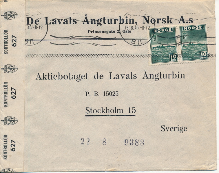 NORGE. Brev till Stockholm försett med kontrollremsa 627 som infördes efter kriget. Sällsynt.